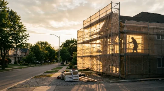 Maison en cours de rénovation énergétique avec isolation des murs et échafaudages, artisan travaillant en arrière-plan