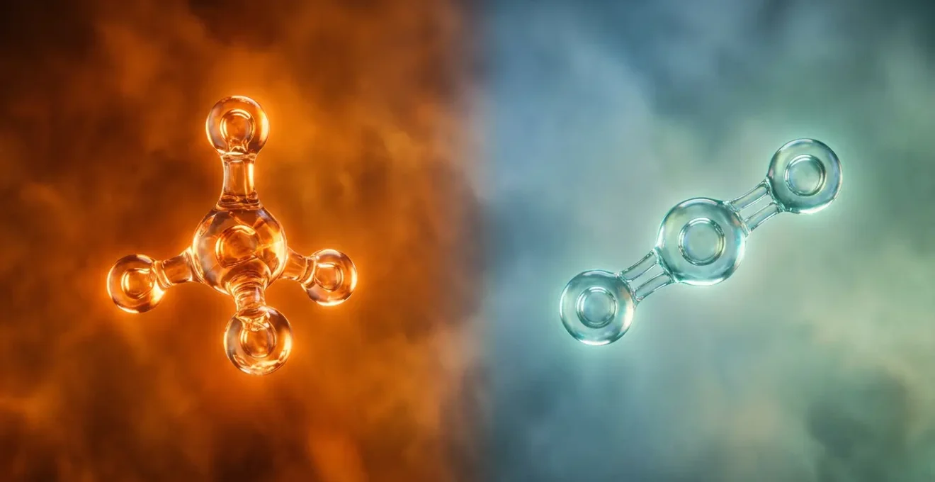 Comparaison visuelle entre molécules de méthane et CO2 illustrant leur pouvoir réchauffant différent