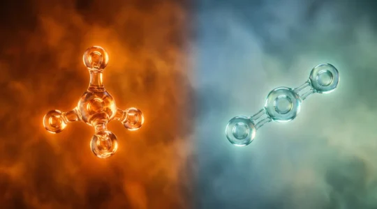 Comparaison visuelle entre molécules de méthane et CO2 illustrant leur pouvoir réchauffant différent