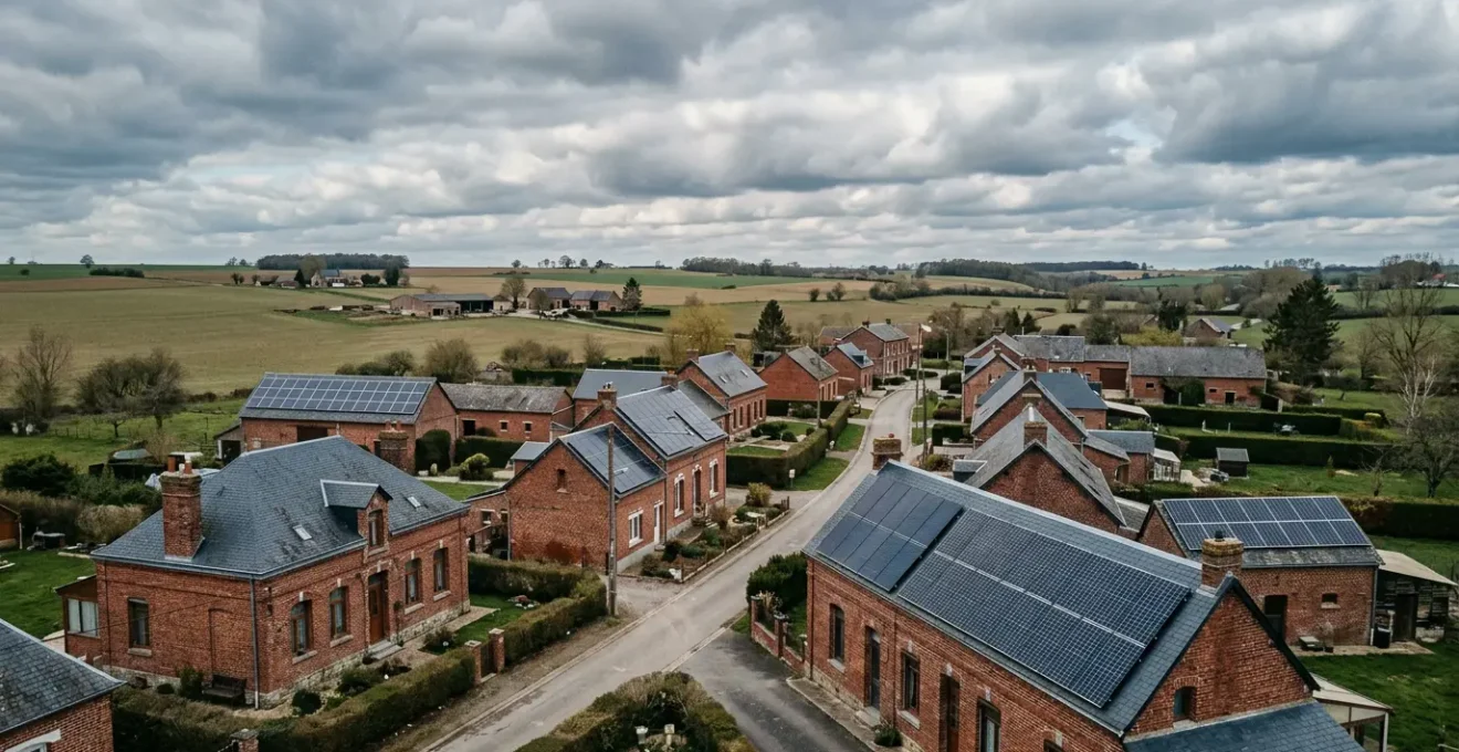 Panneaux photovoltaïques sur une toiture de maison traditionnelle du nord de la France sous un ciel nuageux