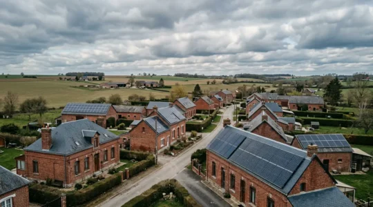 Panneaux photovoltaïques sur une toiture de maison traditionnelle du nord de la France sous un ciel nuageux