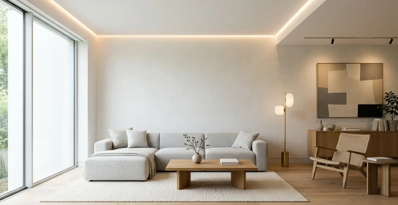 Intérieur lumineux avec éclairage indirect optimisé et murs clairs créant une ambiance chaleureuse