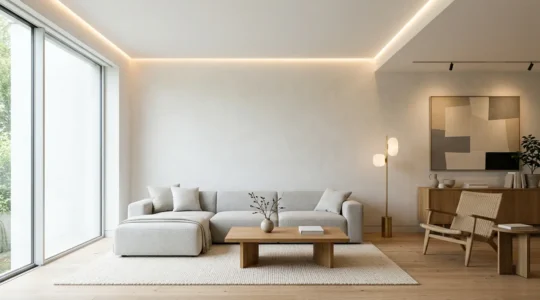 Intérieur lumineux avec éclairage indirect optimisé et murs clairs créant une ambiance chaleureuse