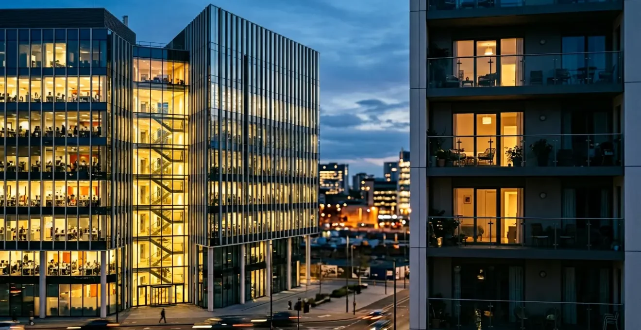 Vue d'ensemble d'un immeuble moderne avec des bureaux éclairés partiellement et des thermostats visibles, illustrant les mesures de sobriété énergétique