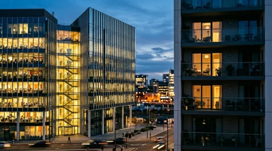 Vue d'ensemble d'un immeuble moderne avec des bureaux éclairés partiellement et des thermostats visibles, illustrant les mesures de sobriété énergétique