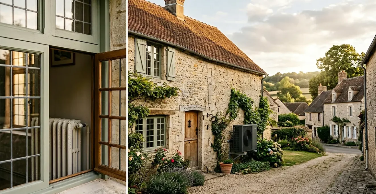 Installation d'une pompe à chaleur air-eau avec des radiateurs en fonte dans une maison ancienne rénovée