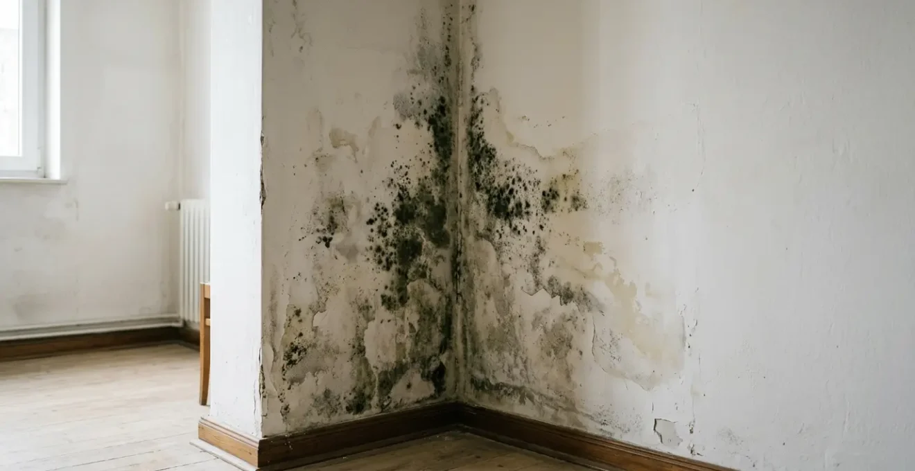 Angle intérieur de mur avec traces de moisissures noires causées par un pont thermique