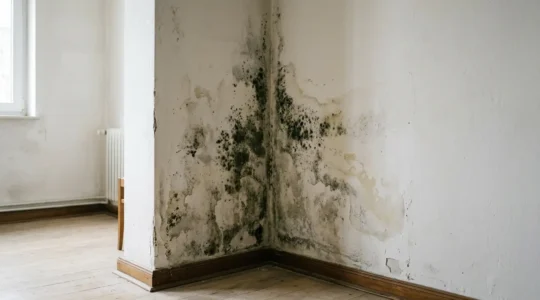 Angle intérieur de mur avec traces de moisissures noires causées par un pont thermique