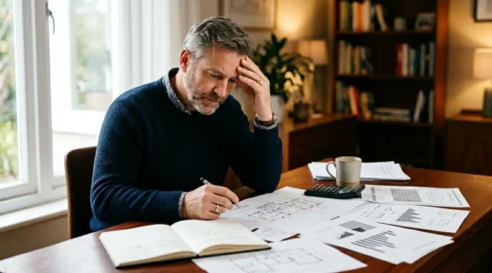 Propriétaire analysant des documents financiers et plans de rénovation énergétique dans un bureau lumineux