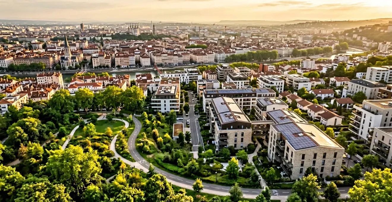 Vue aérienne d'une ville française moderne montrant la transition écologique entre zones urbaines vertes et quartiers résidentiels