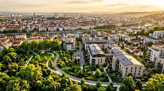 Vue aérienne d'une ville française moderne montrant la transition écologique entre zones urbaines vertes et quartiers résidentiels