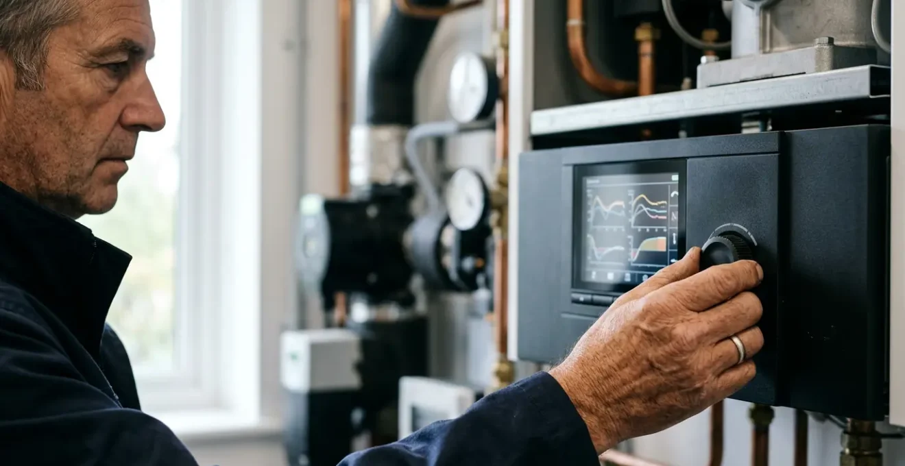 Vue en gros plan d'une main ajustant le panneau de contrôle d'une chaudière moderne avec courbes graphiques visibles sur l'écran