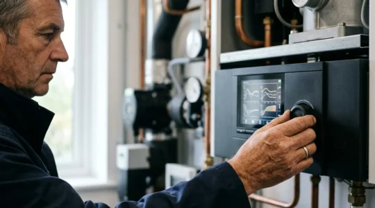 Vue en gros plan d'une main ajustant le panneau de contrôle d'une chaudière moderne avec courbes graphiques visibles sur l'écran