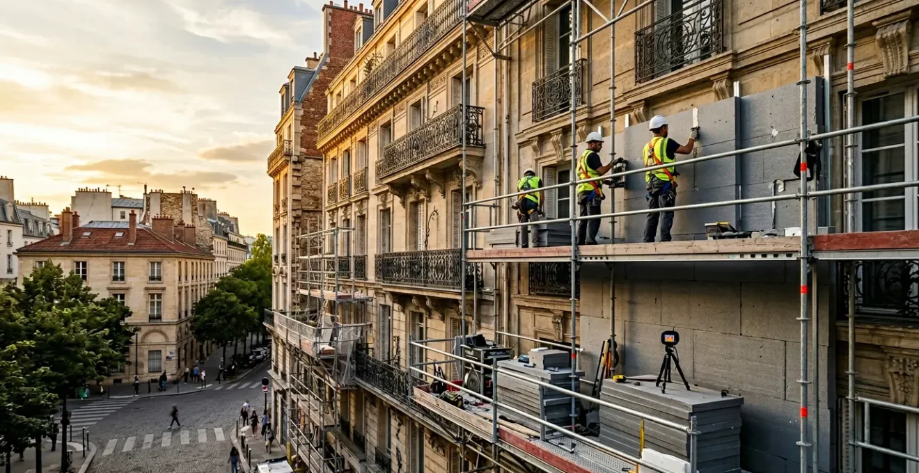 Vue d'ensemble d'un immeuble parisien en cours de rénovation énergétique avec échafaudages et isolation thermique par l'extérieur
