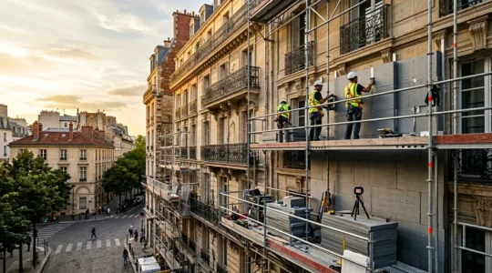 Vue d'ensemble d'un immeuble parisien en cours de rénovation énergétique avec échafaudages et isolation thermique par l'extérieur
