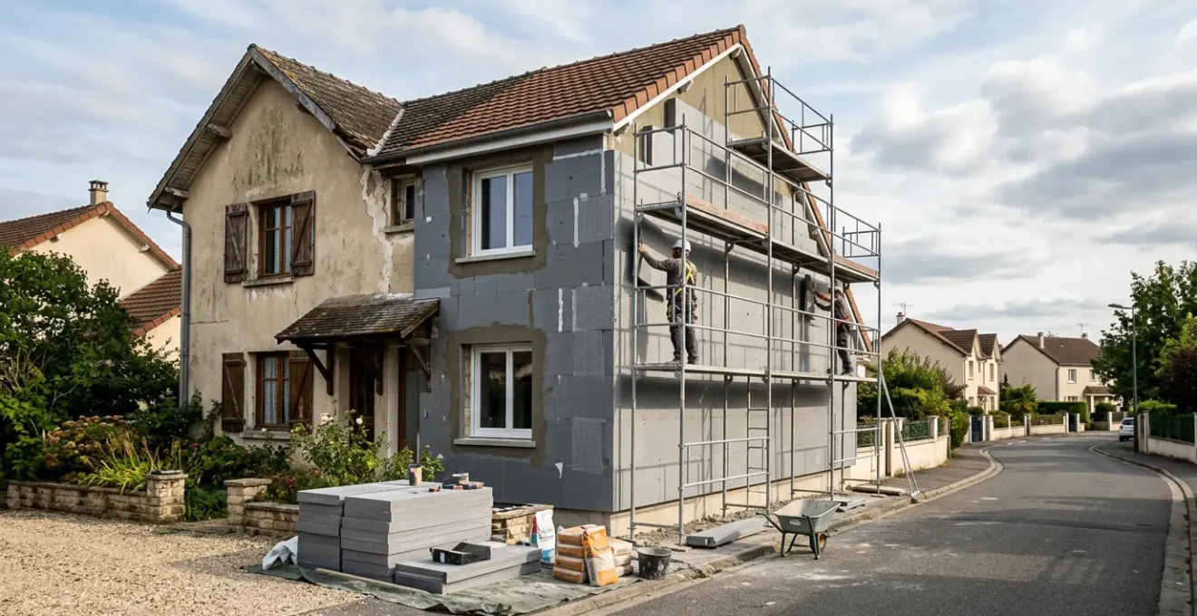 Vue d'ensemble d'une maison individuelle en cours de rénovation énergétique avec échafaudages et artisans au travail