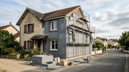 Vue d'ensemble d'une maison individuelle en cours de rénovation énergétique avec échafaudages et artisans au travail