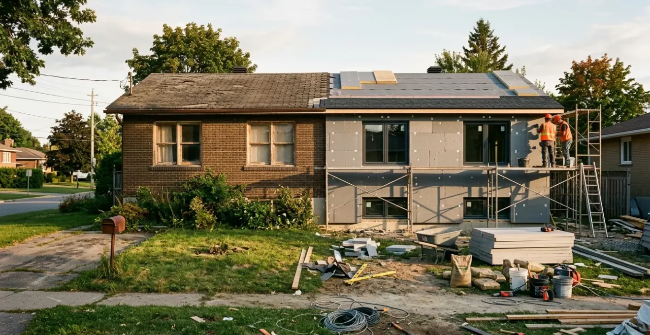 Vue avant-après d'une maison pavillonnaire des années 1970 en cours de rénovation énergétique globale