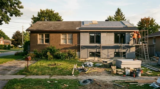 Vue avant-après d'une maison pavillonnaire des années 1970 en cours de rénovation énergétique globale