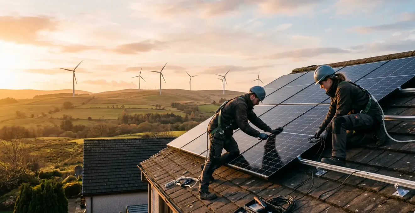 Techniciens installant des panneaux solaires sur un toit avec vue sur des éoliennes en arrière-plan