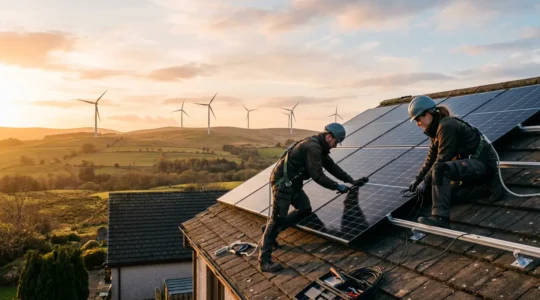 Techniciens installant des panneaux solaires sur un toit avec vue sur des éoliennes en arrière-plan