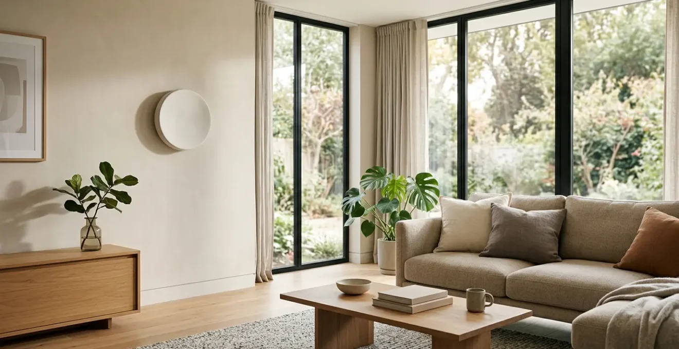 Vue d'un salon moderne avec thermostat connecté sur le mur et ambiance chaleureuse