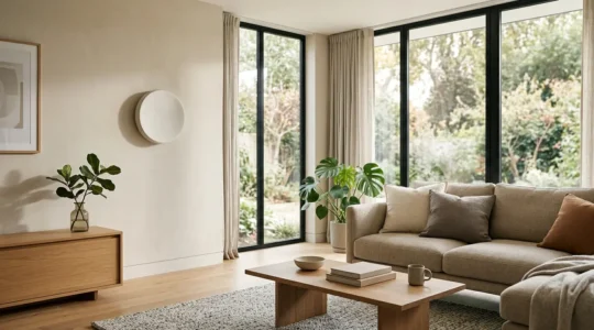 Vue d'un salon moderne avec thermostat connecté sur le mur et ambiance chaleureuse