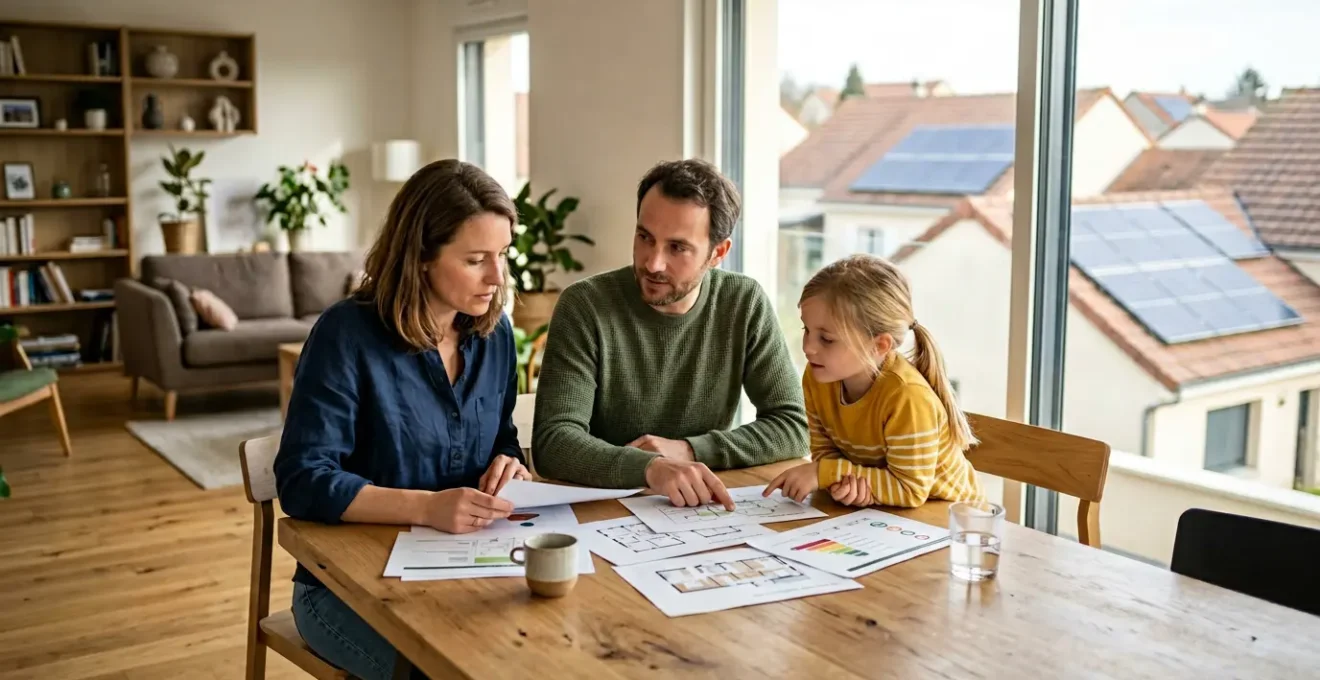 Vue d'une maison française moderne avec panneaux solaires et famille consultant des documents financiers dans un salon lumineux