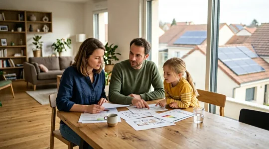 Vue d'une maison française moderne avec panneaux solaires et famille consultant des documents financiers dans un salon lumineux