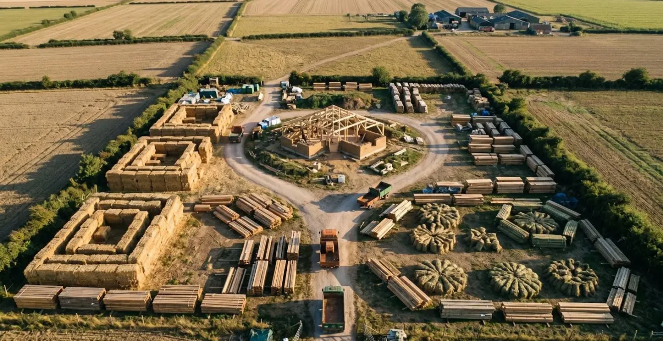Vue aérienne d'un chantier avec matériaux biosourcés locaux stockés et carte des fournisseurs en arrière-plan