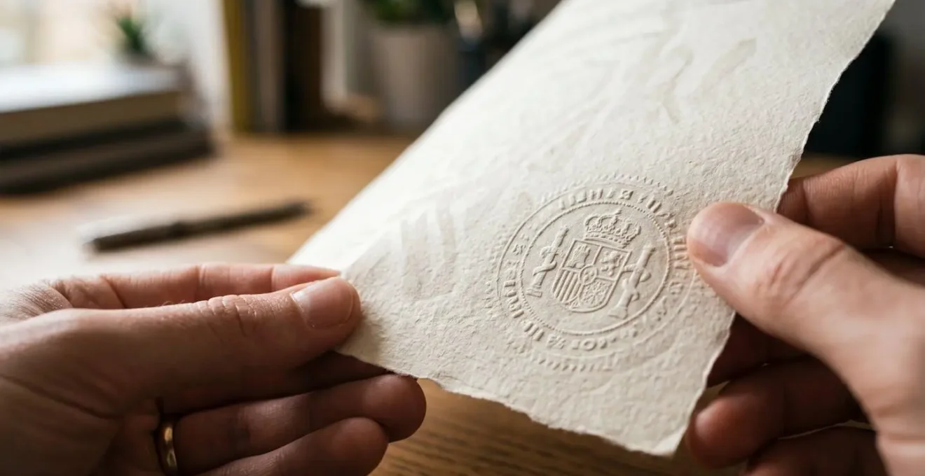 Mains tenant des documents officiels d'assurance avec tampon visible en arrière-plan flou
