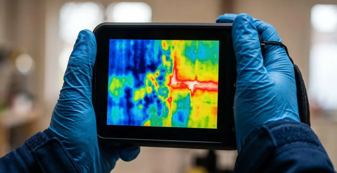Professionnel réalisant un audit énergétique avec caméra thermique dans une maison
