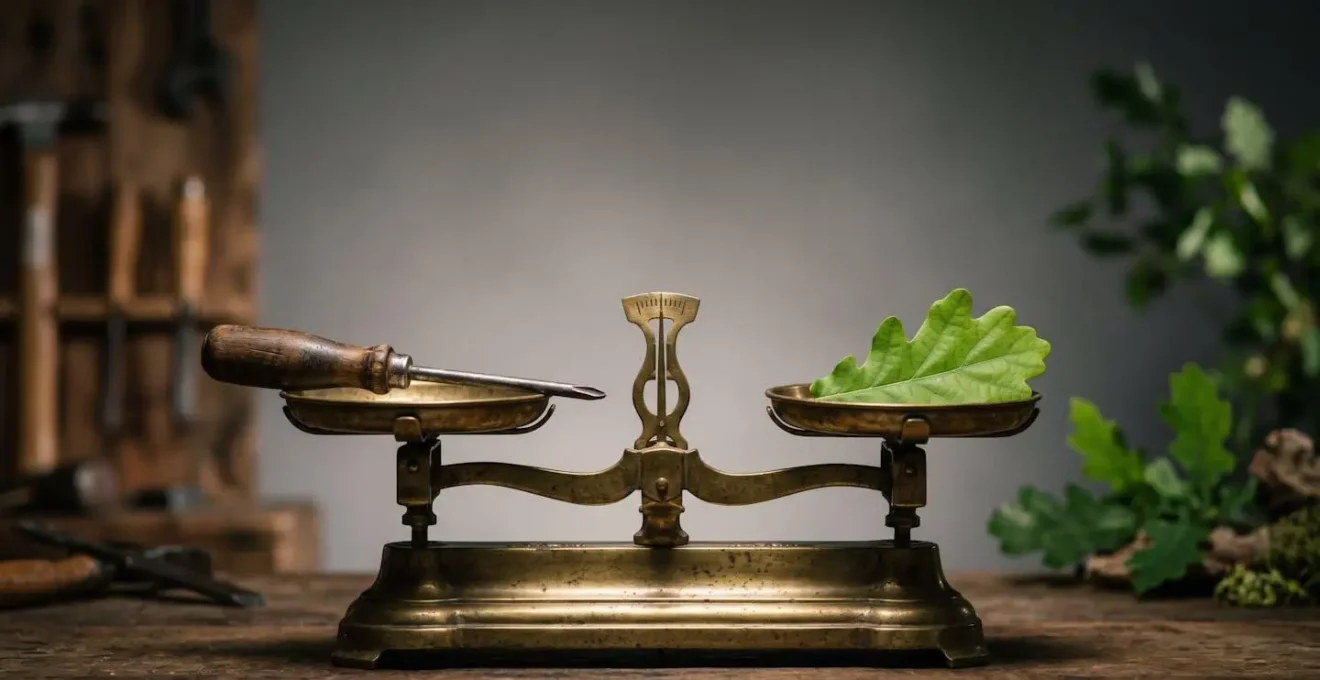 Balance métaphorique équilibrant un tournevis symbolisant la réparabilité et une feuille verte représentant l'efficacité énergétique