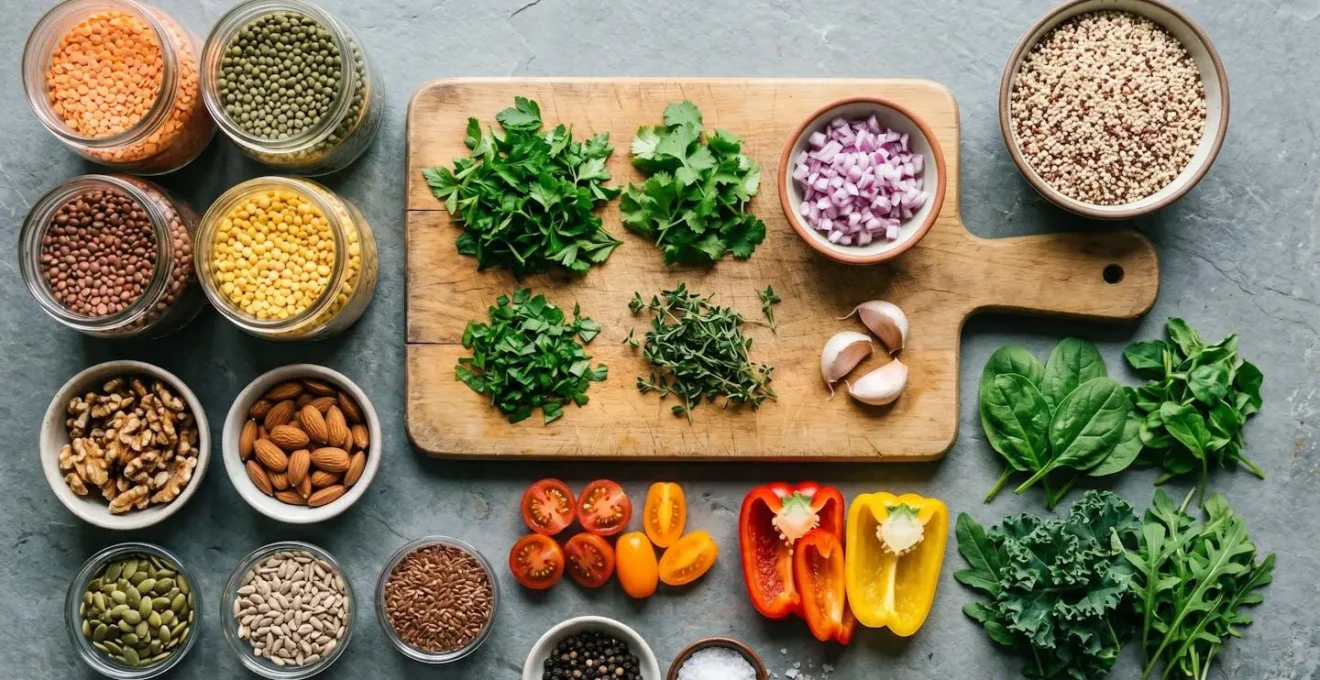 Plan de travail de cuisine avec légumineuses, céréales et légumes frais prêts pour le batch cooking végétarien