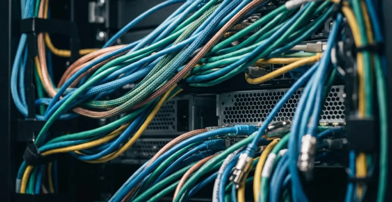 Vue macro de câbles réseau et composants de serveur illustrant l'infrastructure du cloud