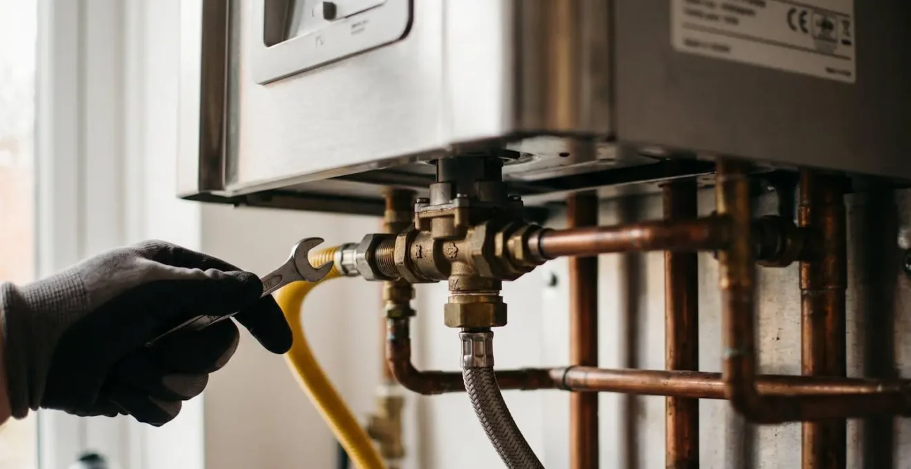 Technicien inspectant une chaudière moderne compatible biométhane dans une chaufferie résidentielle