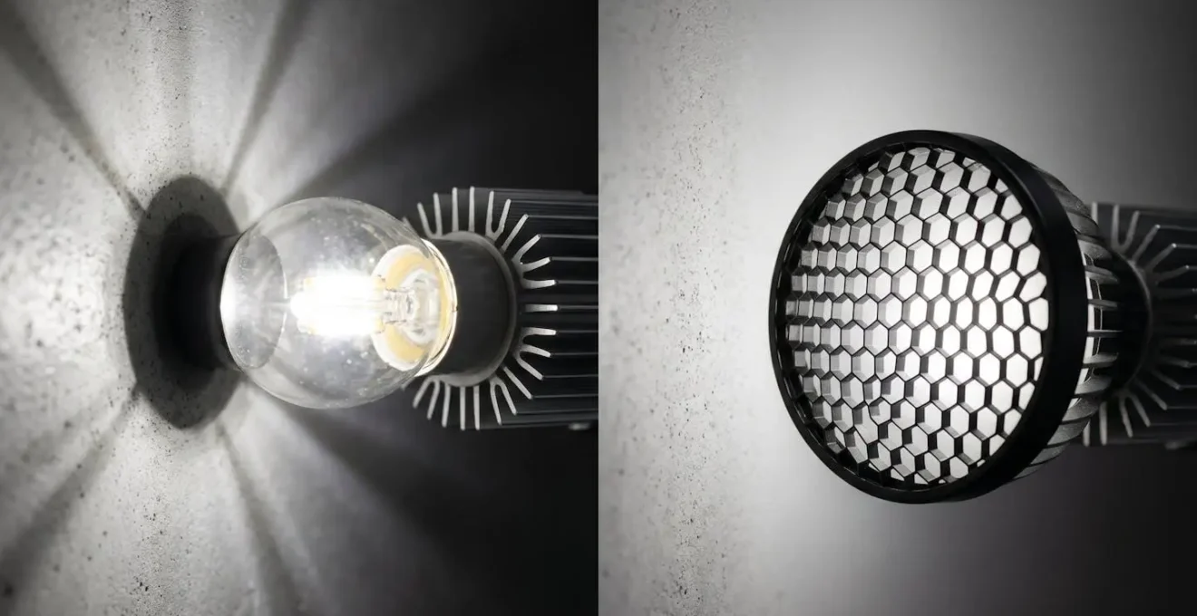 Comparaison visuelle entre une ampoule nue éblouissante et une source avec diffuseur
