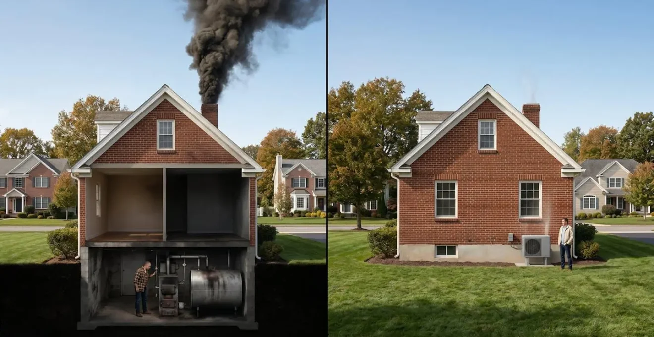 Comparaison visuelle des émissions de CO2 entre une chaudière fioul et une pompe à chaleur dans une maison