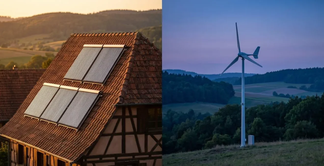 Installation solaire thermique sur toit de maison alsacienne traditionnelle avec petite éolienne en arrière-plan