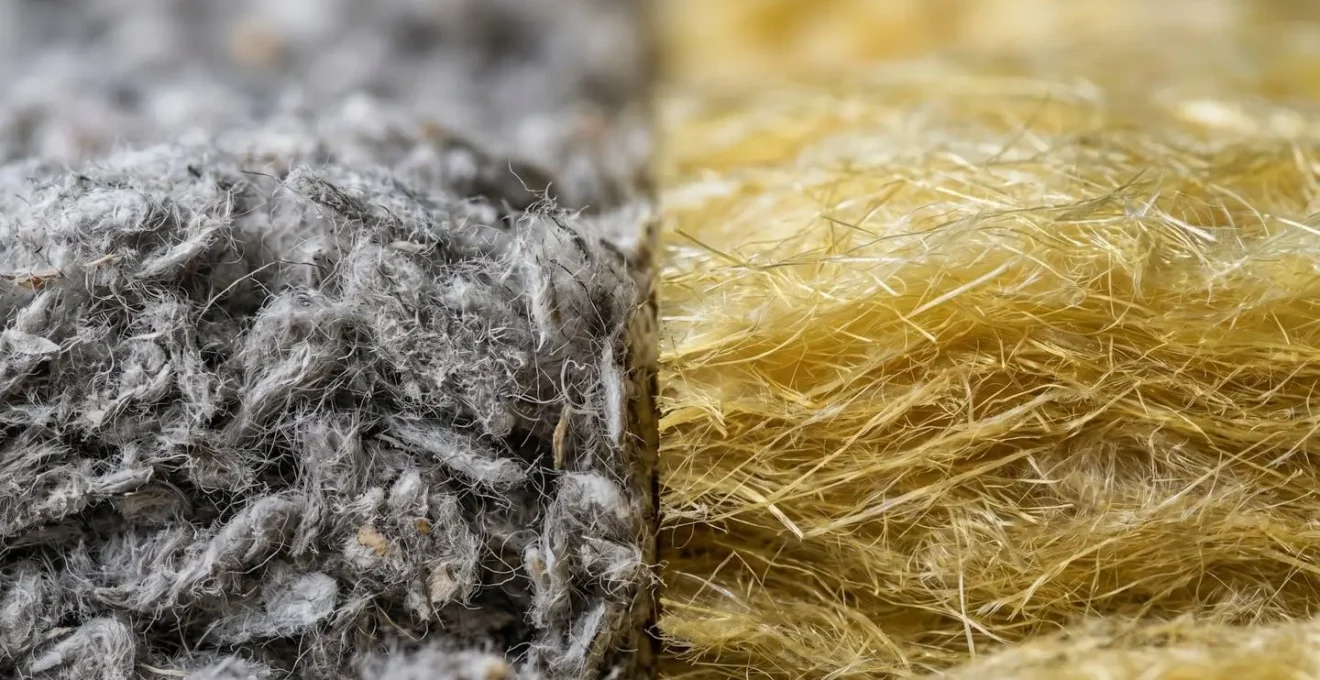 Échantillons de ouate de cellulose et laine de verre posés côte à côte montrant la différence de densité