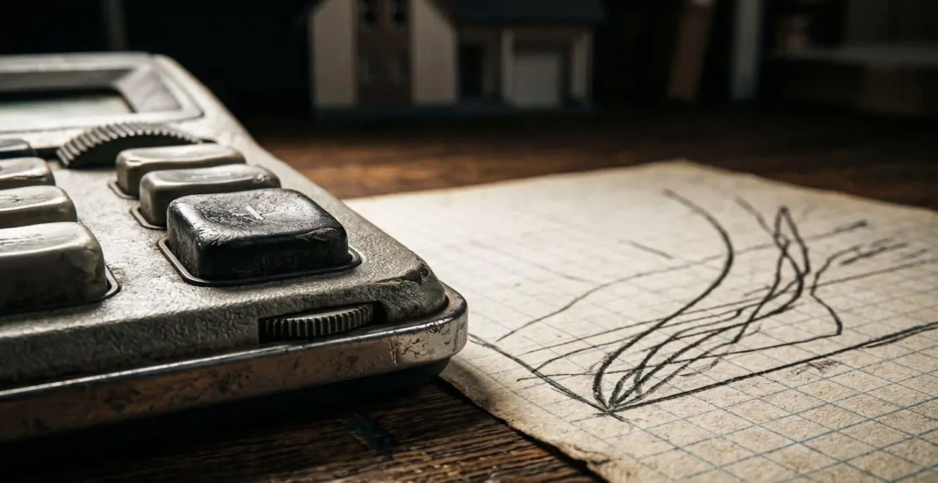 Gros plan sur une calculatrice et des graphiques montrant l'évolution des coûts énergétiques sur fond de maison floue