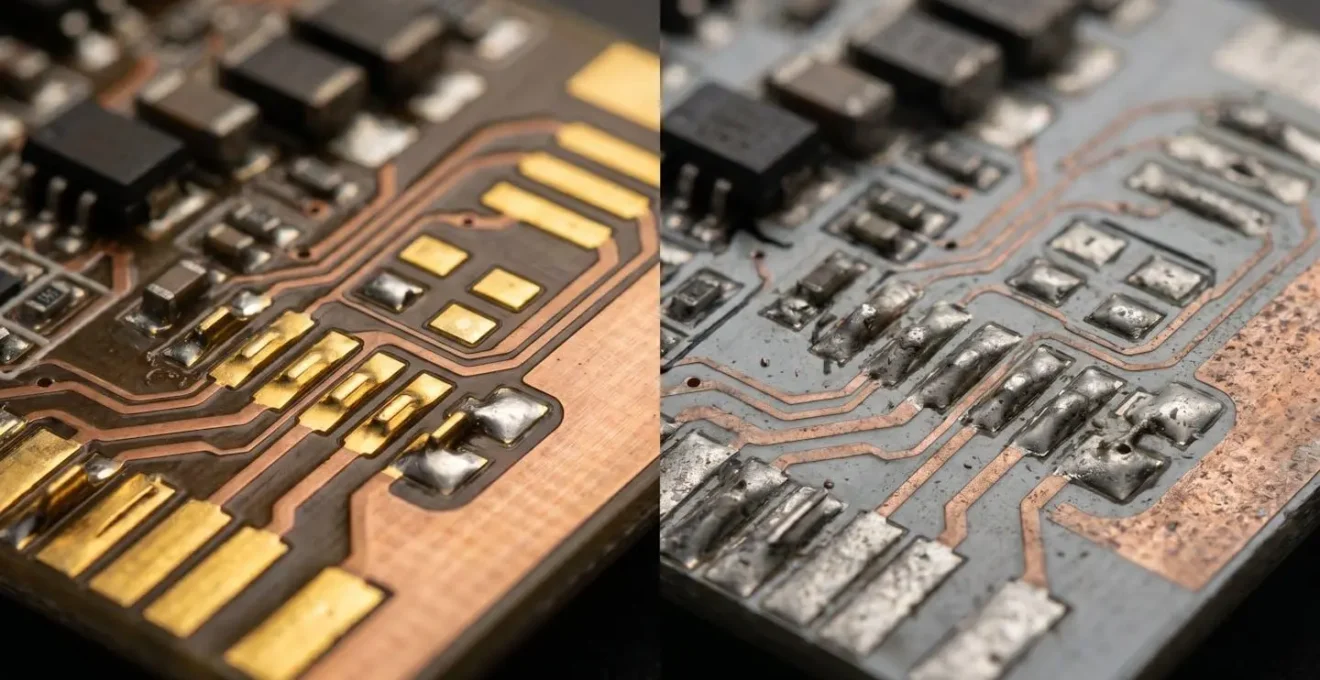 Vue macro détaillée de composants électroniques de driver LED montrant la différence de qualité