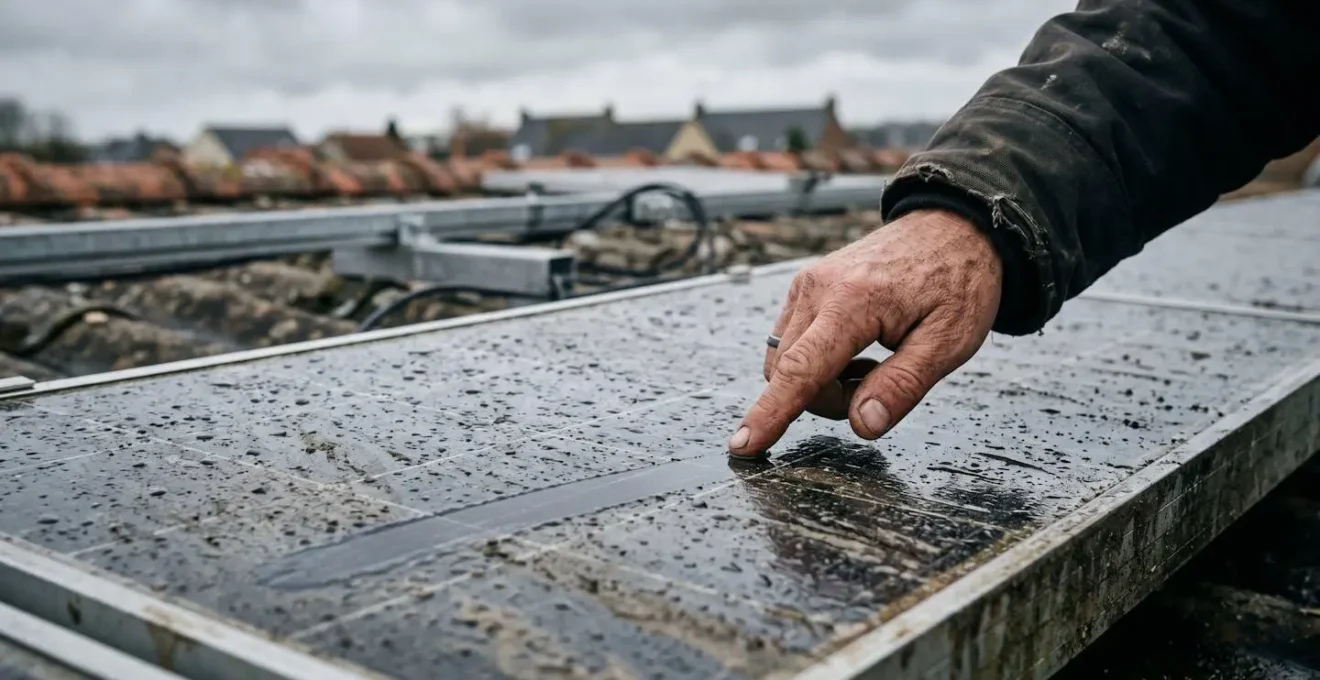 Diagnostic visuel de l'encrassement d'un panneau solaire montrant les traces de pollution typiques du nord