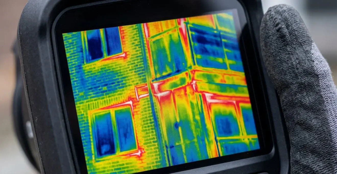 Vue thermographique d'une maison montrant les zones de déperdition de chaleur en couleurs vives (rouge et jaune) sur le toit et les fenêtres.