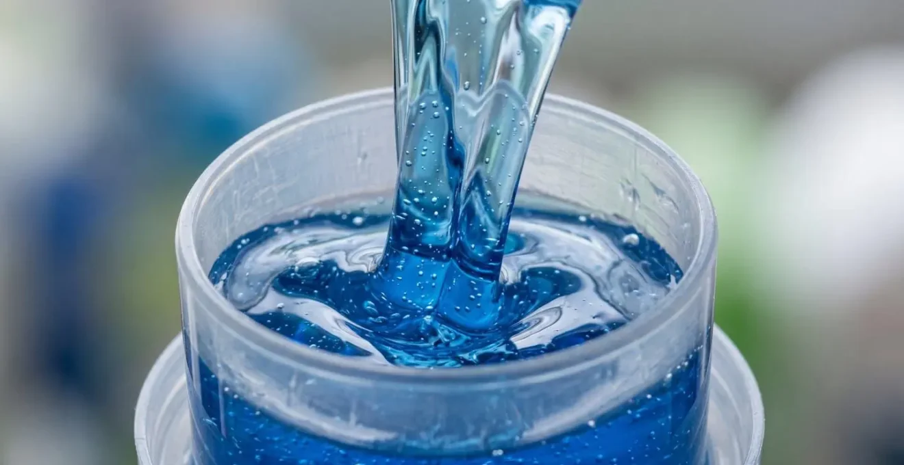 Gros plan sur une main versant de la lessive liquide dans un compartiment doseur
