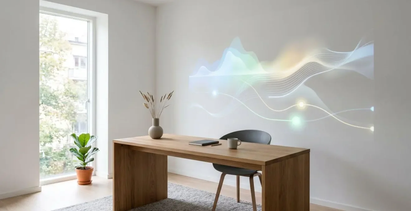 Vue d'ensemble d'un bureau avec graphiques de consommation énergétique affichés de manière abstraite