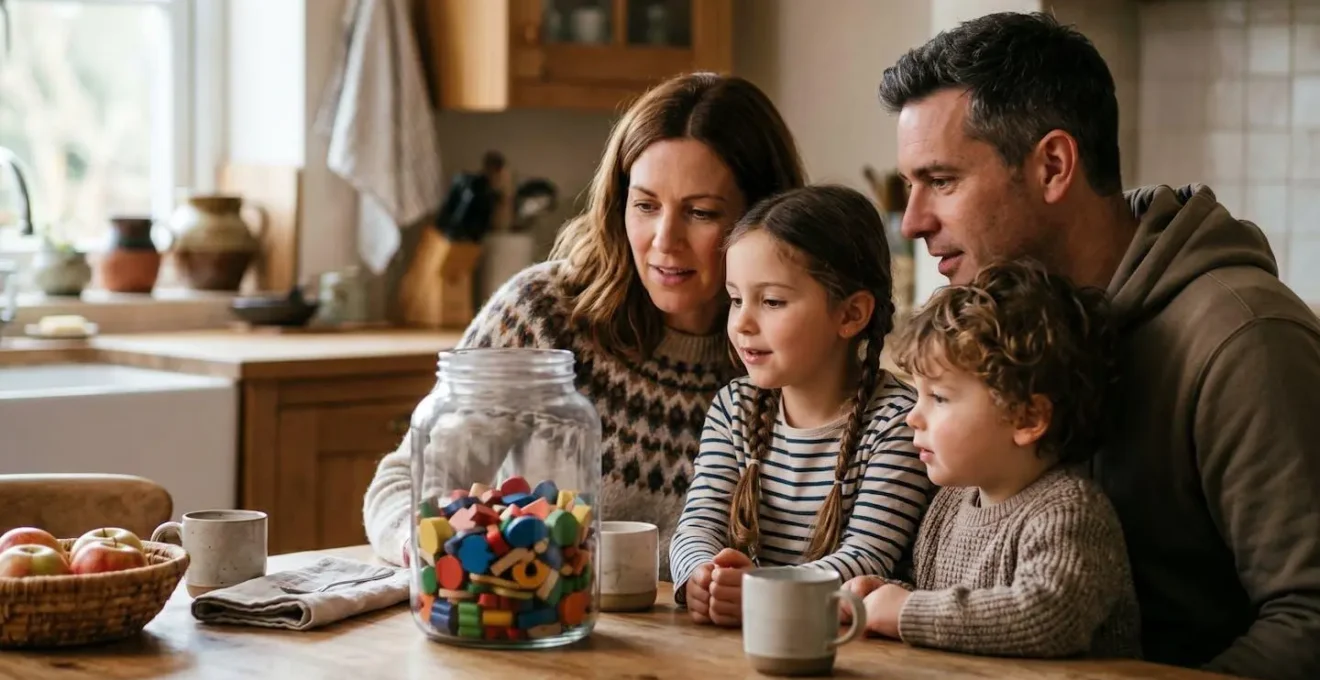 Famille réunie autour d'un bocal coloré avec jetons représentant le Monstre Grignoteur d'Énergie
