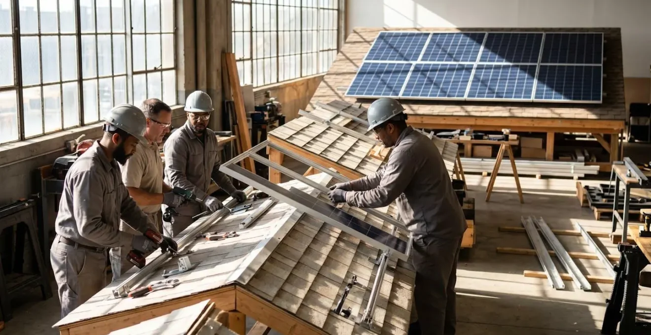 Groupe de professionnels en formation pratique sur installation photovoltaïque dans un centre de formation