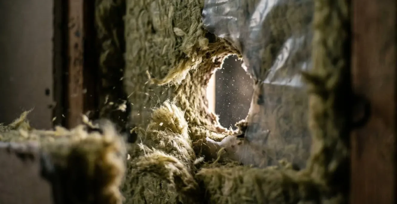 Coupe détaillée d'un mur montrant l'effet de convection forcée à travers une petite ouverture dans l'isolant.