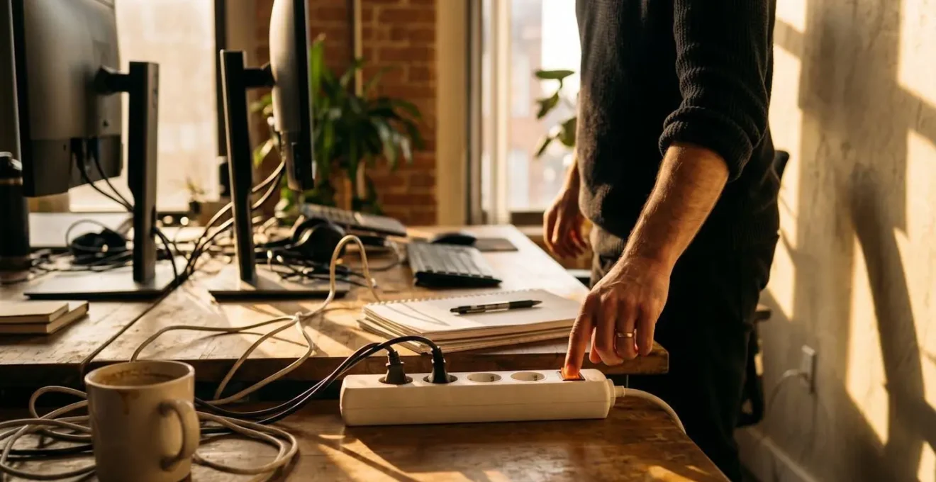 Vue d'ensemble minimaliste d'un espace de travail avec éléments suggérant les économies d'énergie